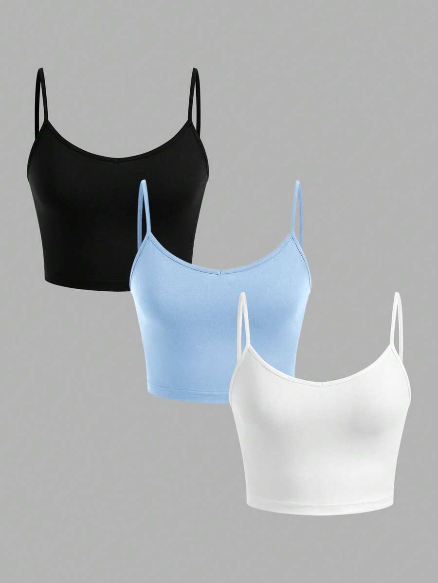 SHEIN EZwear 3入組女性短款貼身休閒背心,適用於夏季 - 彩色 - 查看 1