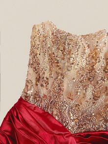 Glamrae Jupe sirène en satin stretch patchwork de sequins et perles bordeaux et champagne, convient pour les occasions formelles, les galas, les mariages, les remises de diplômes, les bals