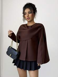 SHEIN Elenzya 秋冬复古巧克力色披肩领夹克 - 棕色 - 查看 3