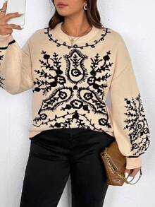 Elenzga Suéter holgado casual de punto jacquard con cuello redondo y hombros caídos en talla grande con contraste de color