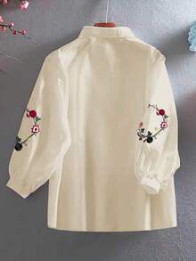 SHEIN LUNE Plus Size Women Flower Embroidery Lantern Sleeve Casual Shirt - Apricot - View 2