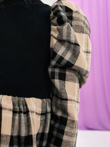 SHEIN Serisse Kids 少女格子羊腿袖立领连衣裙，适合日常休闲穿着，适合返校穿着 - 黑色 - 查看 7