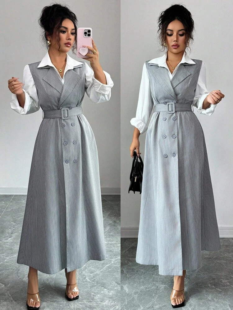 Elenzga فستان أنيق بدون أكمام مع خطوط منسوجة للنساء في فصل الخريف - رمادي - مشاهدة 1