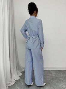 Modelyn 2 件套女士编织条纹蓝色系带前开衫和长袖上衣套装 - 藍色 - 查看 2