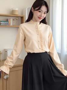 SHEIN Ruffled Collar Lantern Sleeve Casual Versatile Apricot Shirt For Teen Girls, Elegant Palace Style Apricot Shirt Fall Winter - Apricot - View 1