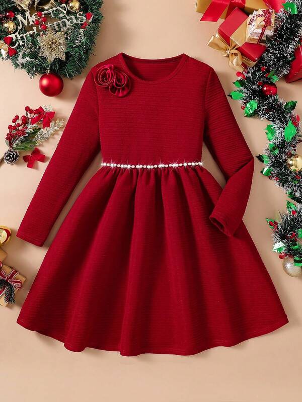 Glamorique Kids Vestido elegante para niñas para ocasiones festivas, con cuello redondo, decorado con flores 3D y cuentas, atuendo navideño y de Halloween, color rojo