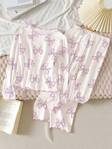 Tween Girls Pajama Set, White Base With Purple Watercolor Butterfly Print, Contrast Trim, Long Sleeve Top And Pants, Casual Loungewear Fall Winter - White - View 1