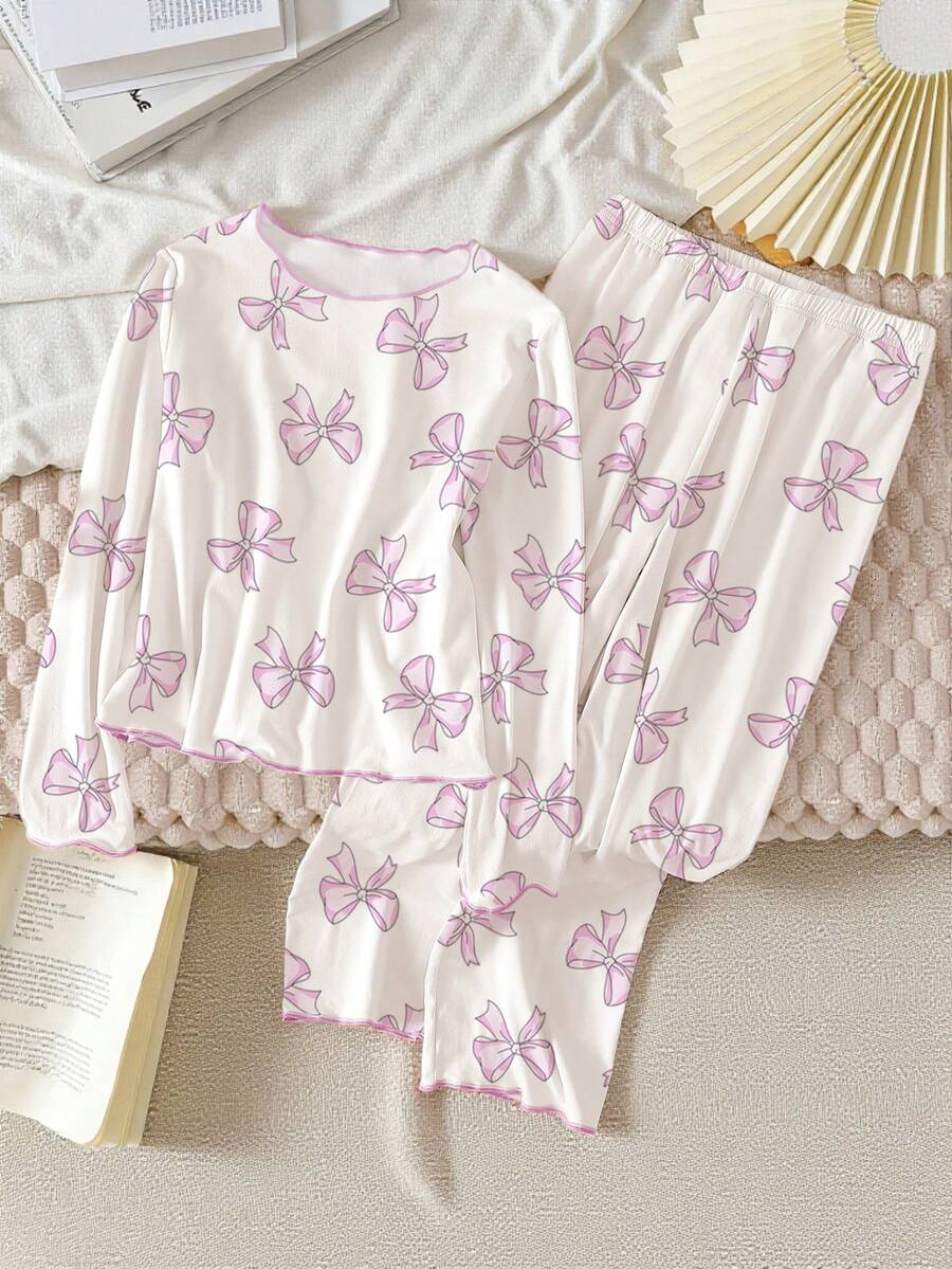 Tween Girls Pajama Set, White Base With Purple Watercolor Butterfly Print, Contrast Trim, Long Sleeve Top And Pants, Casual Loungewear Fall Winter - White - View 1