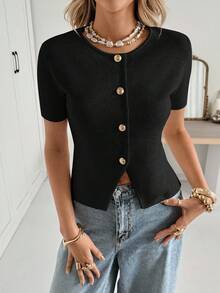 Siren Gaze Casual Solid Color Slim Fit Short Sleeve Button-Up Cardigan For Women,Fall Black Summer - Black - View 7