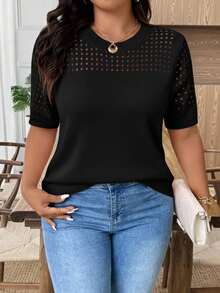 EMERY ROSE Plus Size Casual Hollow Out Round Neck Short Sleeve Blouse - Black - View 1