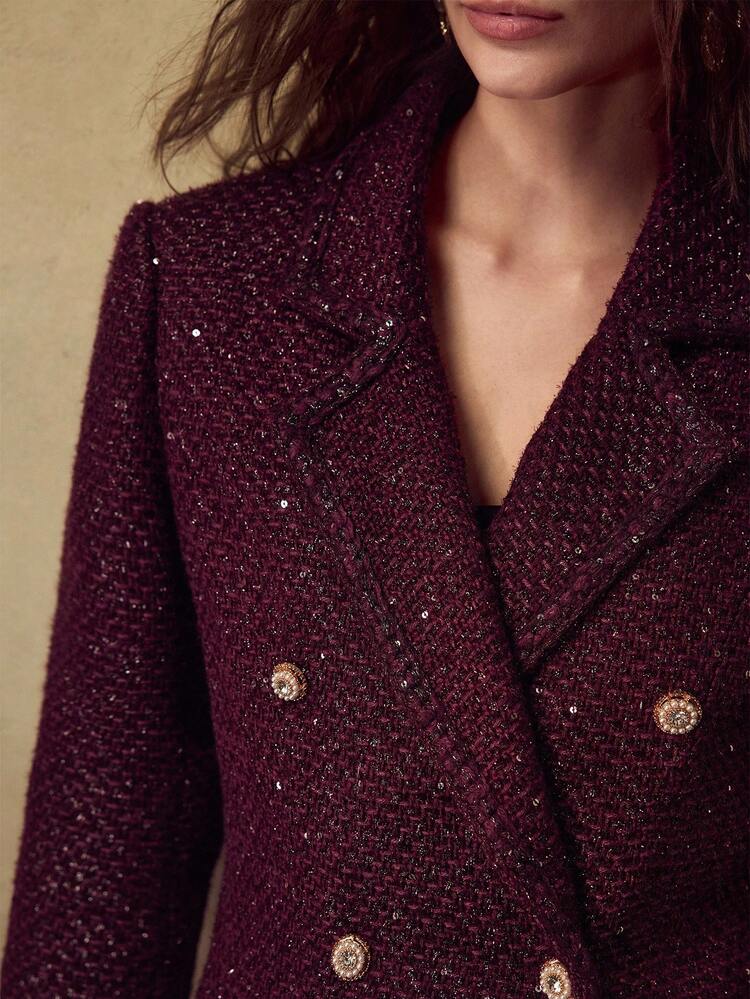 AUTUMN/WINTER FRENCH STYLE CHIC TWEED LAPEL COLLAR LONG SLEEVE FITTED SHORT WOMEN'S BLAZER JACKET, PURPLE
