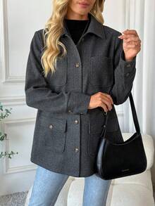 EMERY ROSE Women's Casual Loose Solid Color Long Sleeve Button Pocket Coats - Dark Grey - View 4