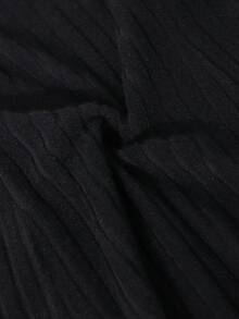 Vestido de línea A con cuello de lazo elegante vintage, mangas acampanadas acanaladas para adolescentes - Negro - Ver 6