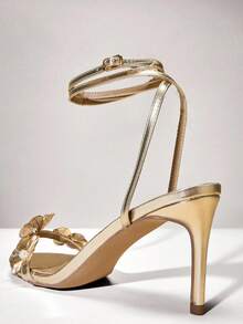 SHUZIA 女士花朵装饰细高跟日常聚会性感沙滩优雅金属 PU 金色高跟凉鞋 - 金色 - 查看 7