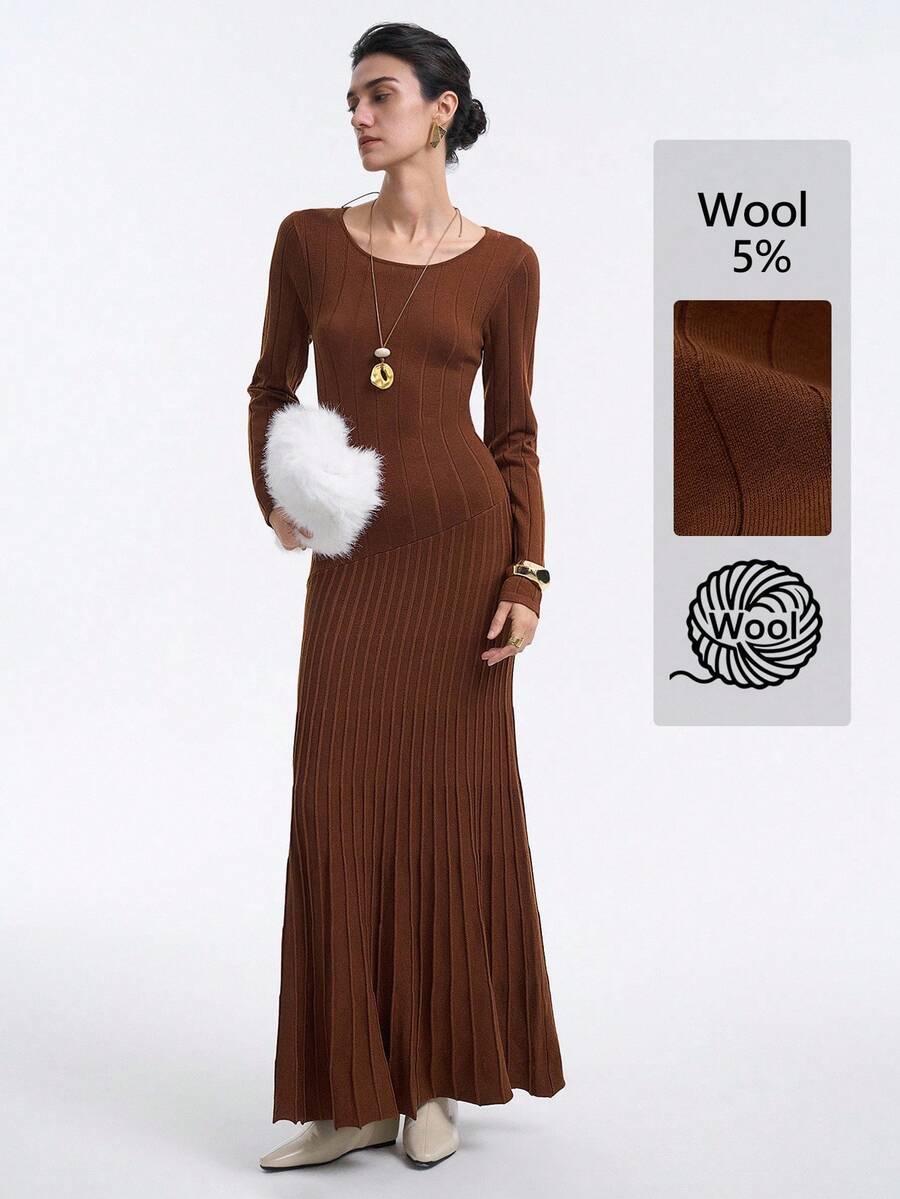 Aalyst Women's Elegant Fitted Ribbed Texture Patchwork Long Sleeve Sweater Dress, Autumn - Brown - View 1