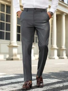 Manfinity Bizformal 男士纯色腰带口袋直腿西装裤（不规则） - 深灰色 - 查看 4