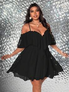 Viva Relle Plus-Size Women's Ruffled Deep V-Neck Strapless One-Shoulder A-Line New Year Dress - Black - View 3