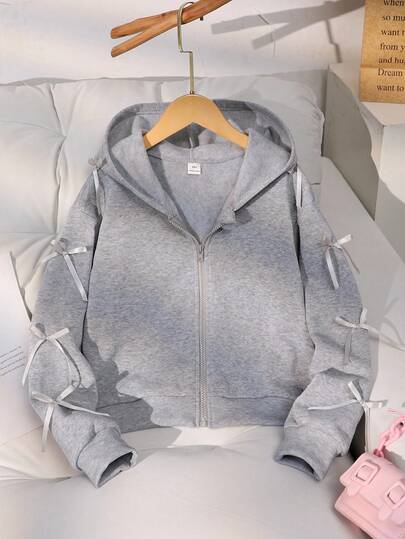 SHEIN Girls' Jacket Coat, Solid Color Fashion Bow Sweatshirt Jacket, Comfortable Thick Fleece Lining Sweatshirt Fabric, Bow Sleeve Decoration, Youthful And Energetic Style, Suitable For Back To School Season Or Everyday Outdoor Wear Fall Winter