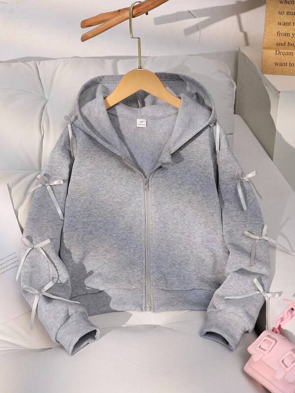 SHEIN Girls' Jacket Coat, Solid Color Fashion Bow Sweatshirt Jacket, Comfortable Thick Fleece Lining Sweatshirt Fabric, Bow Sleeve Decoration, Youthful And Energetic Style, Suitable For Back To School Season Or Everyday Outdoor Wear Fall Winter