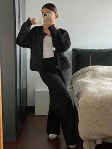 Siren Gaze 女式休闲纯色黑色口袋开衫，秋冬款 - 黑色 - 查看 6