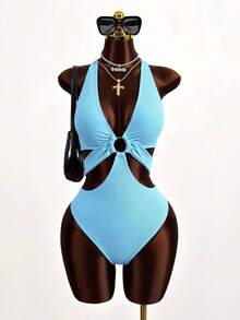 Zestiva 1pc Solid Color Ring Decor Hollow Neck One-Piece Swimsuit, One-Piece Bathing Suit For Summer Beach Vacation - Baby Blue - View 1