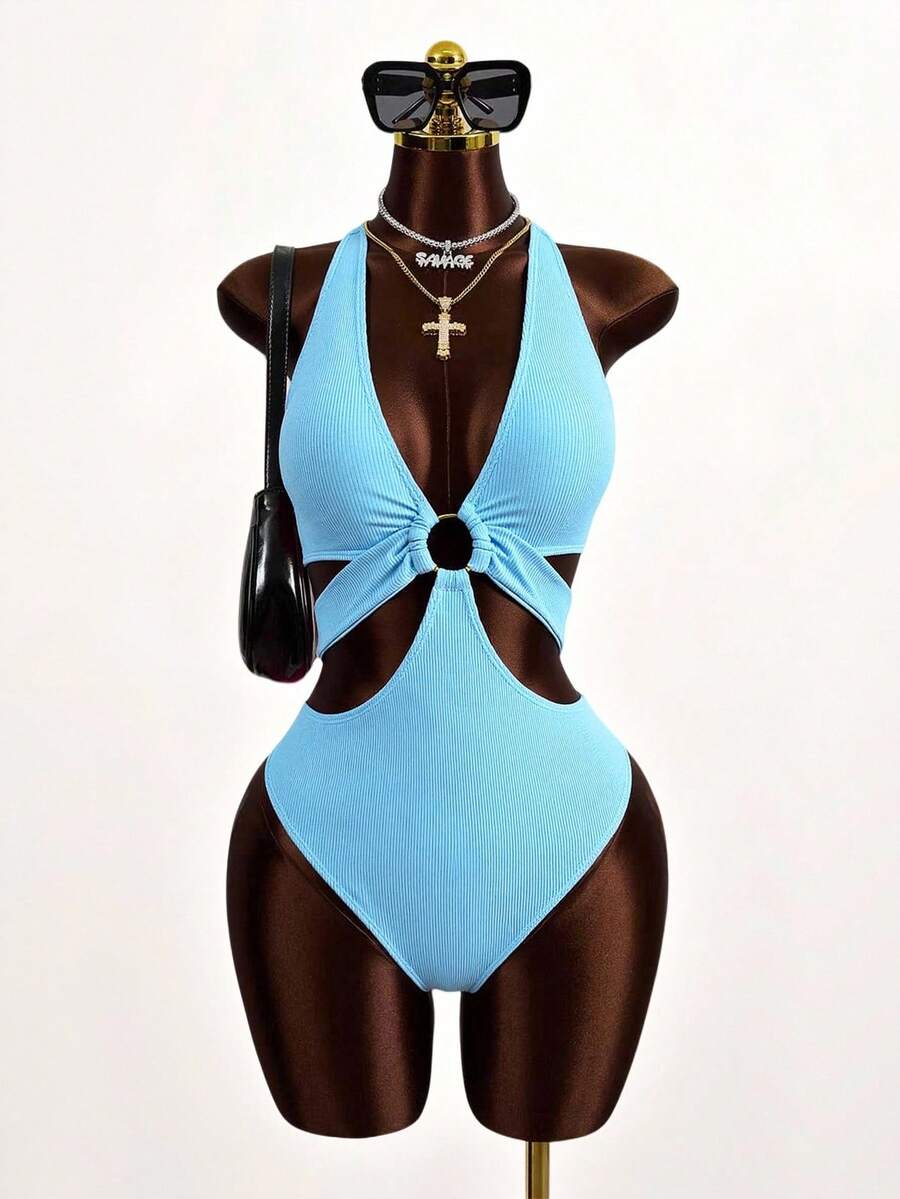 Zestiva 1pc Solid Color Ring Decor Hollow Neck One-Piece Swimsuit, One-Piece Bathing Suit For Summer Beach Vacation - Baby Blue - View 1