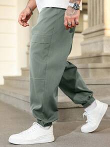 Manfinity Homme Plus Size Men's Solid Color Casual Cargo Style Jogger Pants, Fall