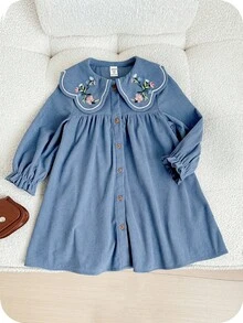SHEIN Toddler Girl Blue Corduroy Dress Embroidered Floral Ruffled Collar Fairy Long Sleeve Back-To-School,Summer School Fall Winter Outfit Hoco Dress - Blue - View 4