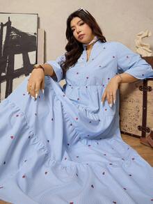 Zelara 大码女装秋冬连衣裙女万圣节服装秋季白蓝条纹V领七分袖宽松长裙 - 彩色 - 查看 1