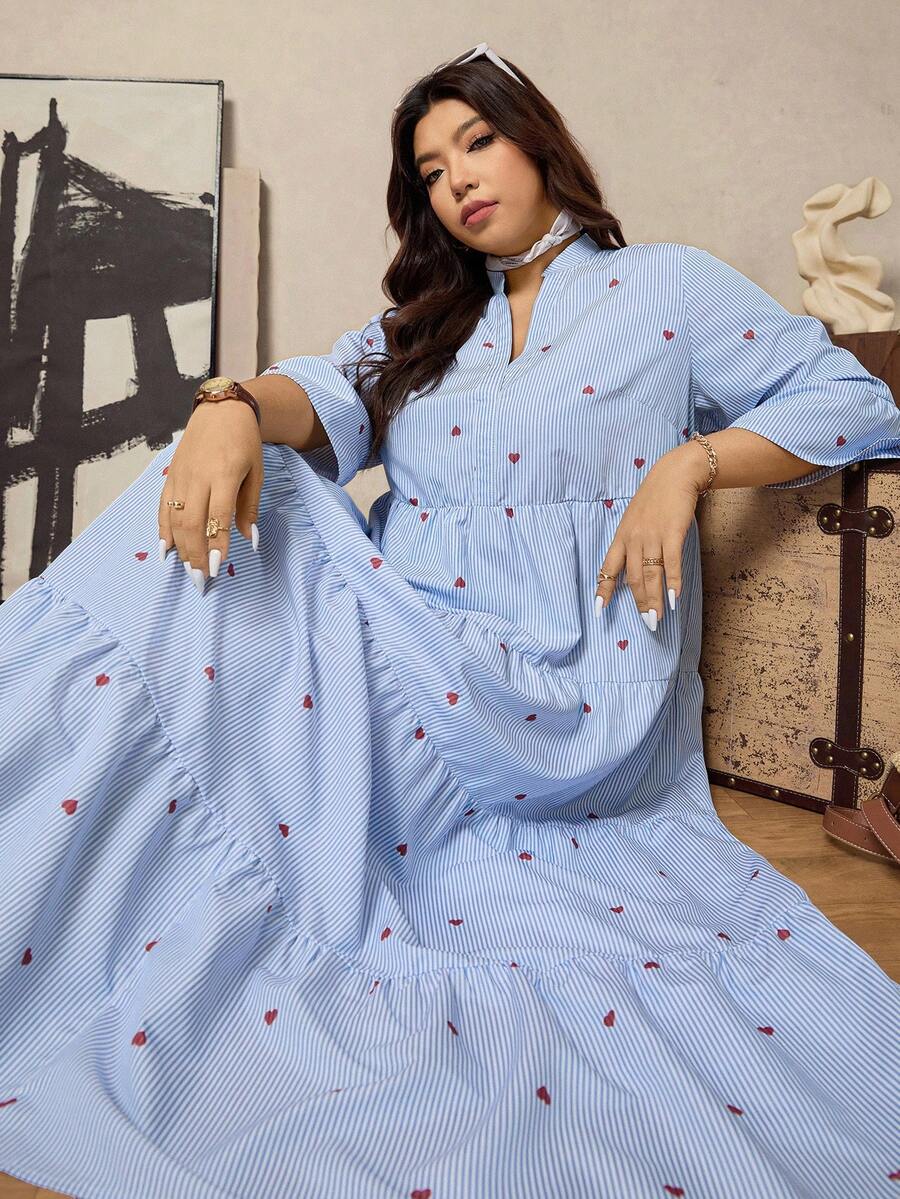 Zelara 大码女装秋冬连衣裙女万圣节服装秋季白蓝条纹V领七分袖宽松长裙 - 彩色 - 查看 1