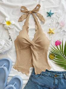 Soleia Fashionable Sexy Halter Tie Knot Hem Slit Open Back Camisole - Khaki - View 6