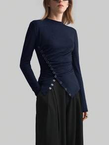 Ontre Women's Solid Color Round Neck Long Sleeve Metal Button Waist Casual Long Sleeve Elegant Commuter Autumn Women's Wear, Commuter Women's Wear, Business Casual Women's Wear, Christmas, Halloween, Christmas Party, Outing, Office Wear