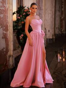 Glamrae Elegant Satin Strapless Asymmetric Ruffle Beaded Luxurious A-Line High Slit Maxi Dress,Suitable For Dates,Graduations,Weddings,Formal Occasions,Gala - Dusty Pink - View 4