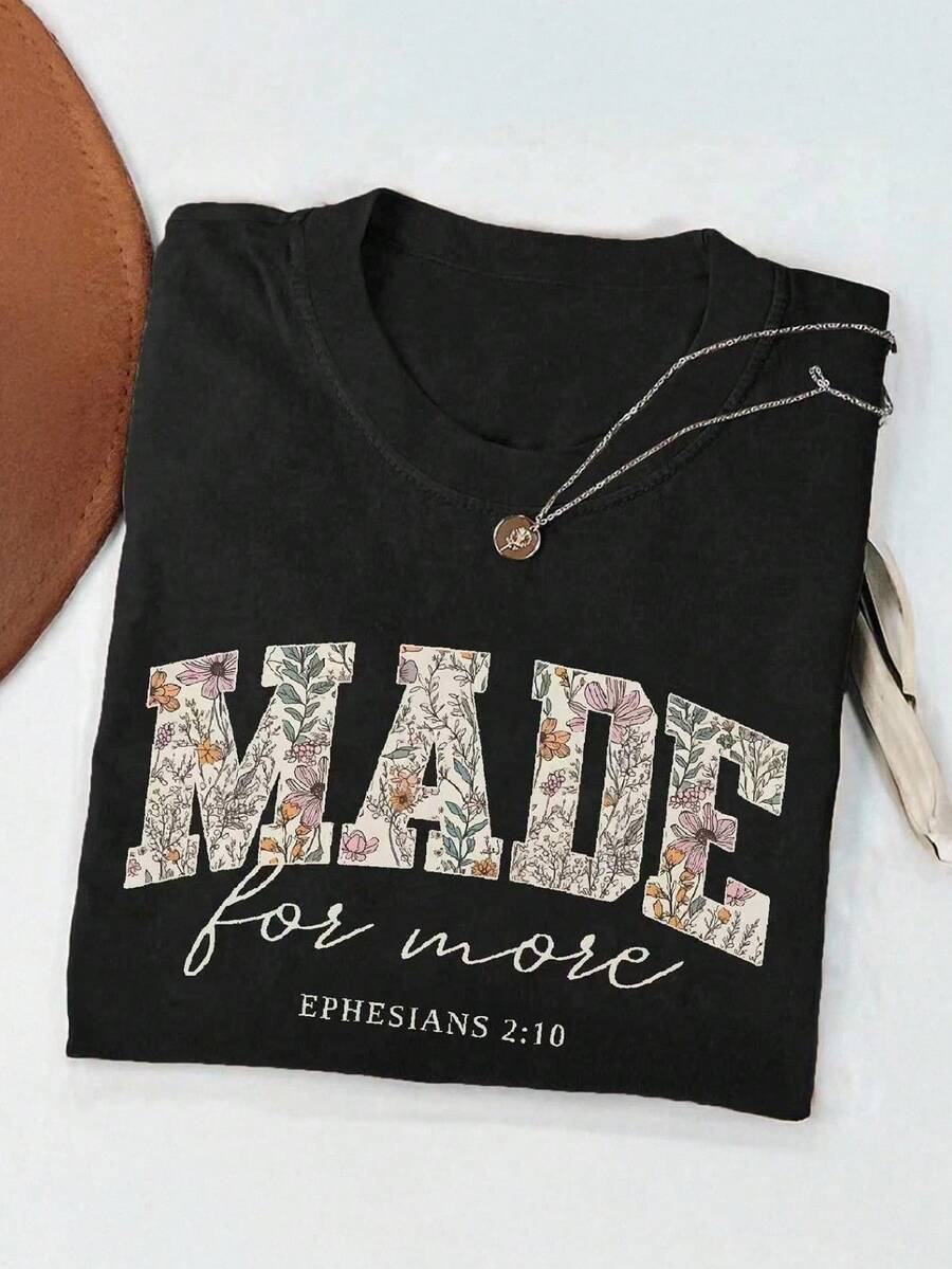 INAWLY Áo thun nữ cổ tròn tay ngắn in chữ và hoa, thường ngày, mùa hè - màu đen - Xem 1