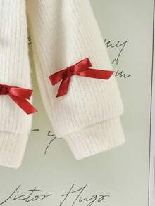 SHEIN Playful Pals 2 Pieces Baby Girls Outfit: Apricot Long Sleeve Cardigan With Bow Decor Top + Burgundy Tulle Cake Skirt, Set For Autumn/Winter Fall - Burgundy - View 5