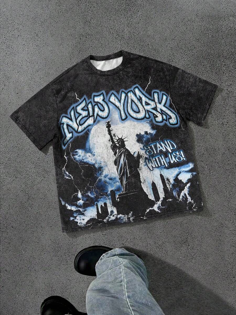 Manfinity EMRG 男士夏季字母印花圆领短袖休闲T恤 - 彩色 - 查看 1