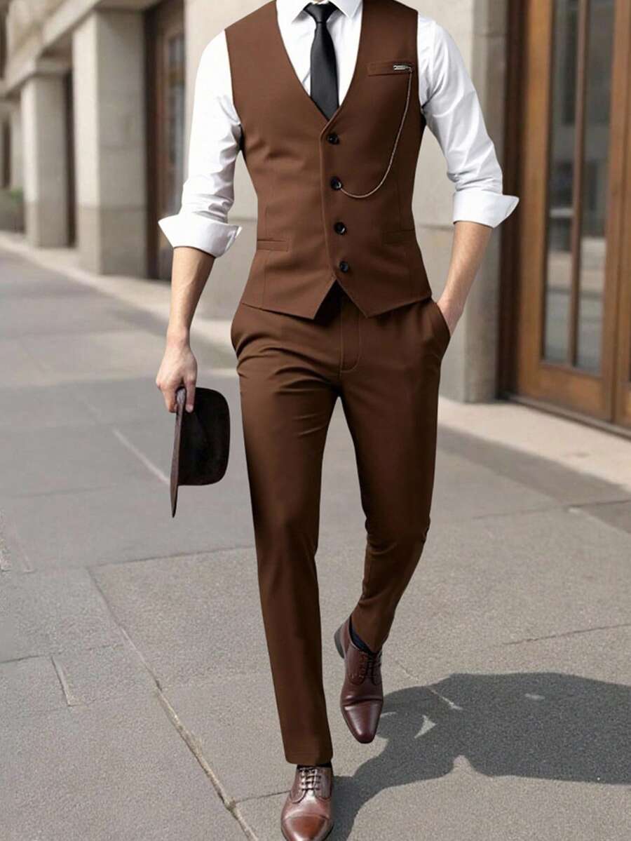 Manfinity Mode Men's Solid Vest And Trousers Suit Set For Work,Dress Outfits For Men - Brown - View 1