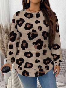 EMERY ROSE Lässiger minimalistischer Leoparden-Muster Muster Loose Fit Rundhals Langarm Waffel-Strick Sweatshirt für Frauen, Herbst/Winter, Weißer Sweatshirt, Herbst Sweatshirt - Verschiedenfarbig - Übersicht 6
