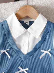 SHEIN 2 件套女婴时尚蝴蝶装饰仿多层长袖 Polo 衫和百褶裙休闲学院风套装，秋冬 - 藍色 - 查看 4