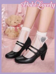 Dola Lovely 女士经典复古玛丽珍圆头双带花卉图案高跟鞋 - 黑色 - 查看 1