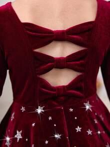 SHEIN Young Girl Burgundy Autumn Glitter Star Print Velvet Dress,Long Sleeves Cake Dress For 7th Birthday,Vintage Princess Wedding Christmas Party Wear - Burgundy - View 3