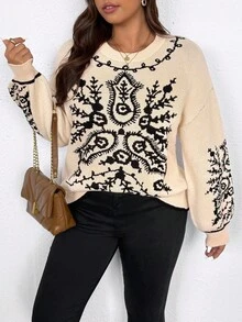 Elenzga Suéter holgado casual de punto jacquard con cuello redondo y hombros caídos en talla grande con contraste de color