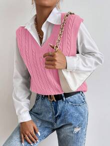 Chiquease Casual Versatile Solid Color V-Neck Women Sweater Vests - Pink - View 3