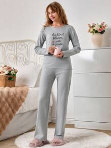 EURMUSE Slogan Embroidered Long Sleeve Top And Pants Pajama Set - Light Grey - View 4