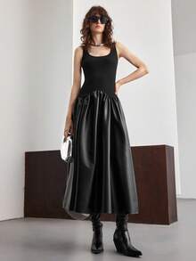 Ontre 2025 新款现代都市 PU 材质黑色圆领无袖中长连衣裙，女士休闲商务连衣裙 - 黑色 - 查看 4