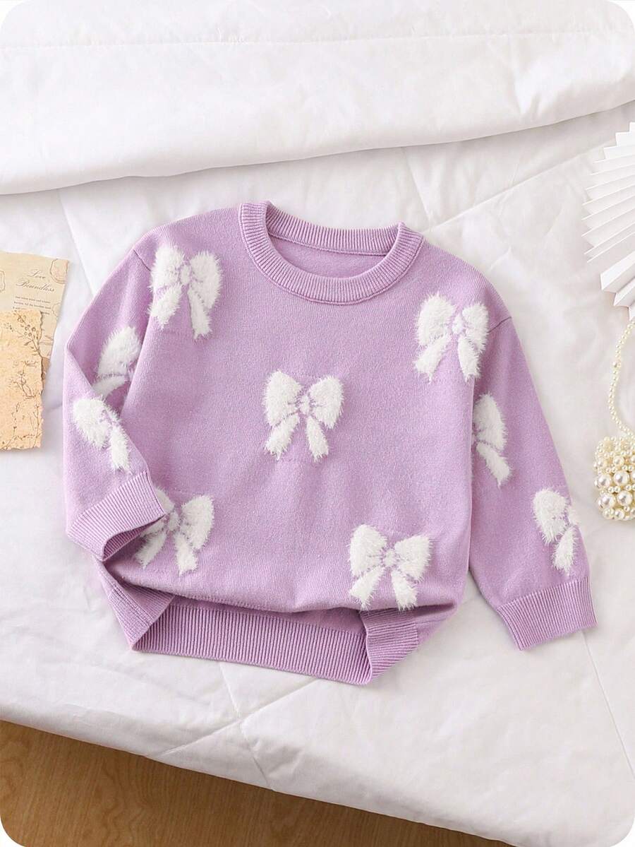 SHEIN Vintaside Kids 女童加厚白色蝴蝶结圆领紫色套头毛衣，休闲可爱，适合叠穿，也适合秋冬季节、圣诞节和万圣节等派对场合。 - 紫色 - 查看 1