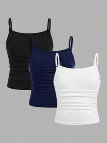 Girlism 3件套少女修身休闲运动吊带背心基础款上衣女童背心多件装女童吊带背心3件装上衣背心少女背心带胸罩 - 藏蓝色 - 查看 11