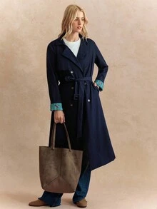 Écloséra 法国复古海军蓝条纹合身翻领原创面料腰带腰封斜口袋女式秋冬长袖风衣，带撞色蝴蝶印花衬里