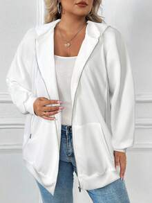 SHEIN CURVE+ Felpa con cappuccio con chiusura lampo e maniche a raglan, con coulisse, top autunnale, abbigliamento autunnale da donna taglia comoda