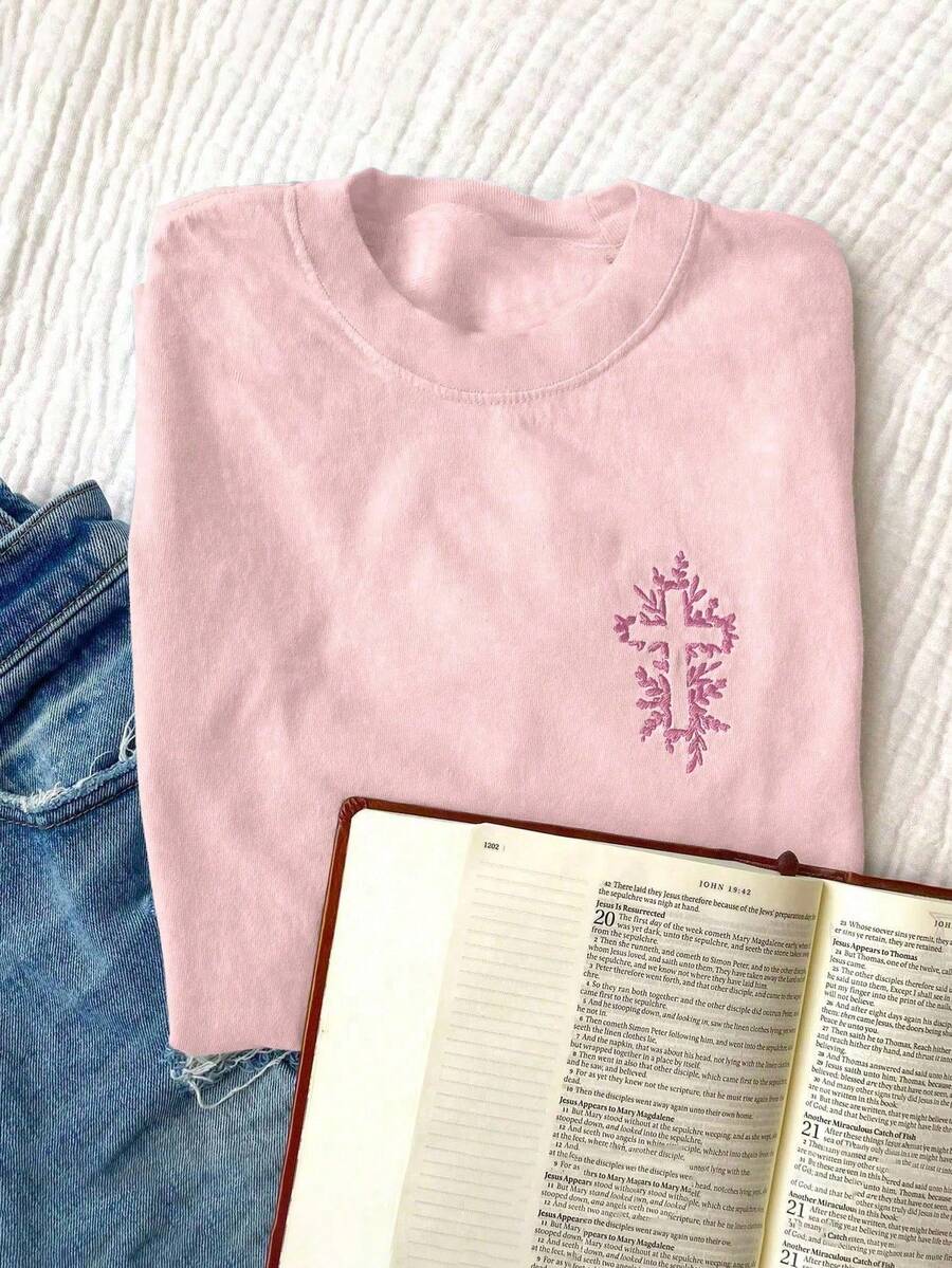INAWLY Camiseta casual de mujer de cuello redondo de manga corta con bordado de cruz - Rosa - Ver 1
